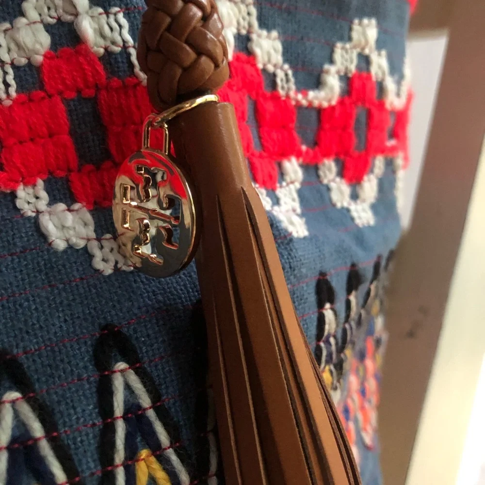 Tory Burch Taylor Aztec Linen Tote with Calf Leather.